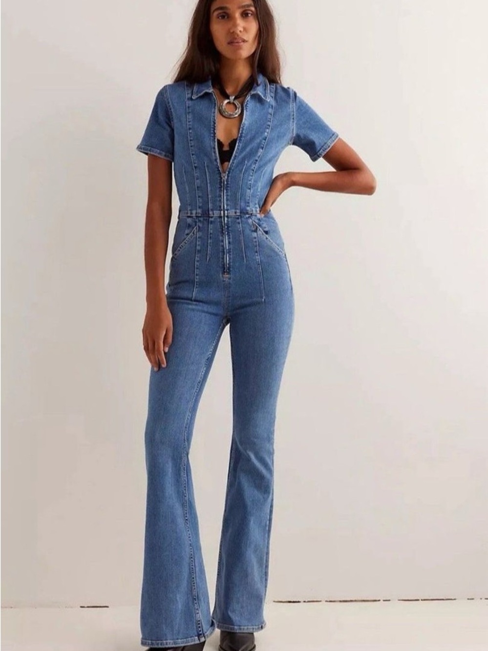 Free People Denim Short-Sleeve Zip-Front Jumpsuit in Blue